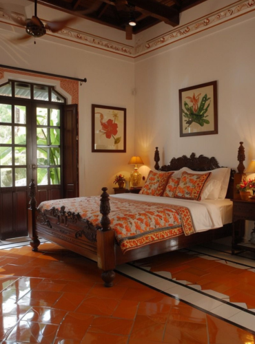 Eco-friendly deluxe room at Wildhorn Eco Stay, Munnar with wooden furniture and terracotta floor