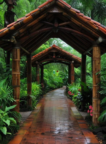 A rain-wet brick pathway covered with bamboo pergolas surrounded by lush green tropical plants